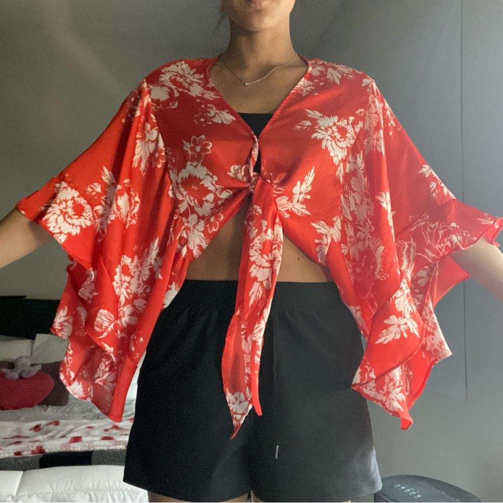 Pink and Red Crop Tie Front Blouse